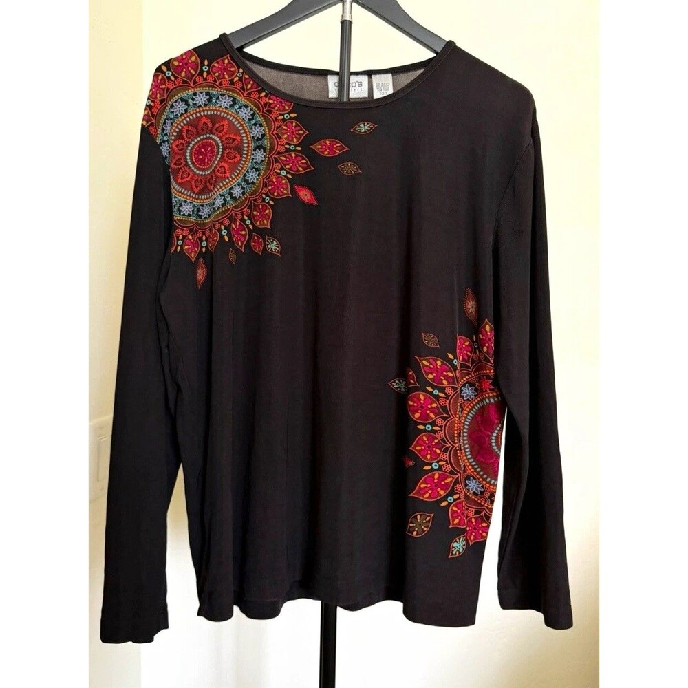 Chico’s Mandala Print XL Travelers Top Pullover Blouse Black Colorful Artsy Boho